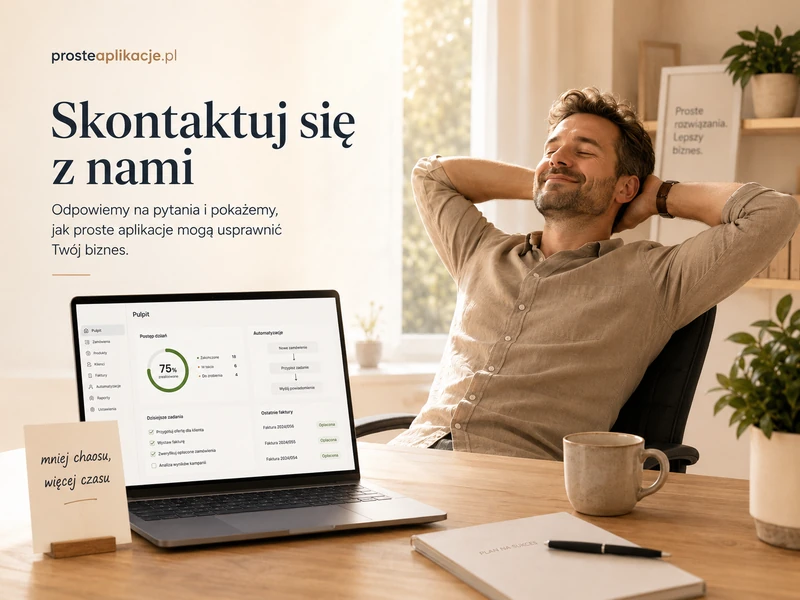 Mężczyzna relaksuje się z kawą podczas gdy laptop automatycznie przetwarza dane — prosteaplikacje.pl